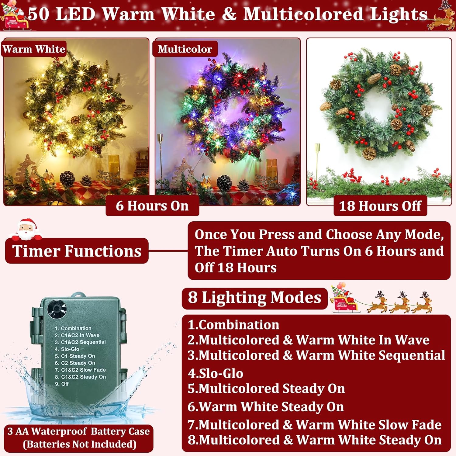 24 Inch Lighted Christmas Wreaths for Front Door, Christmas Wreath Outdoor with Pinecones Berried 50 Warm White & Multicolor Lights 8 Modes Timer Norfolk Pine Wreath Xmas Wreaths for Home Wall Window